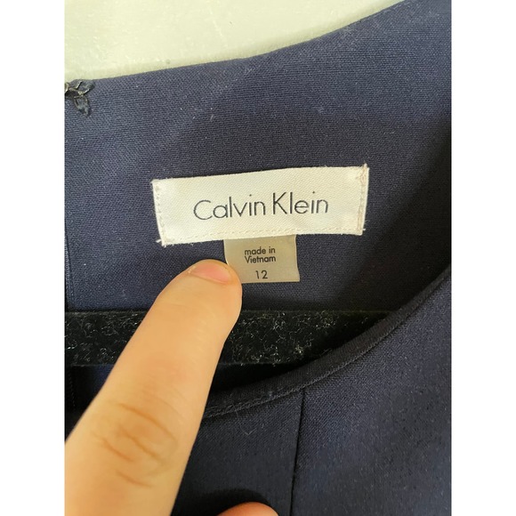 Calvin Klein | Navy and White Sleeveless Fit to Flare Dress with Belt Size 12 - Picture 2 of 4